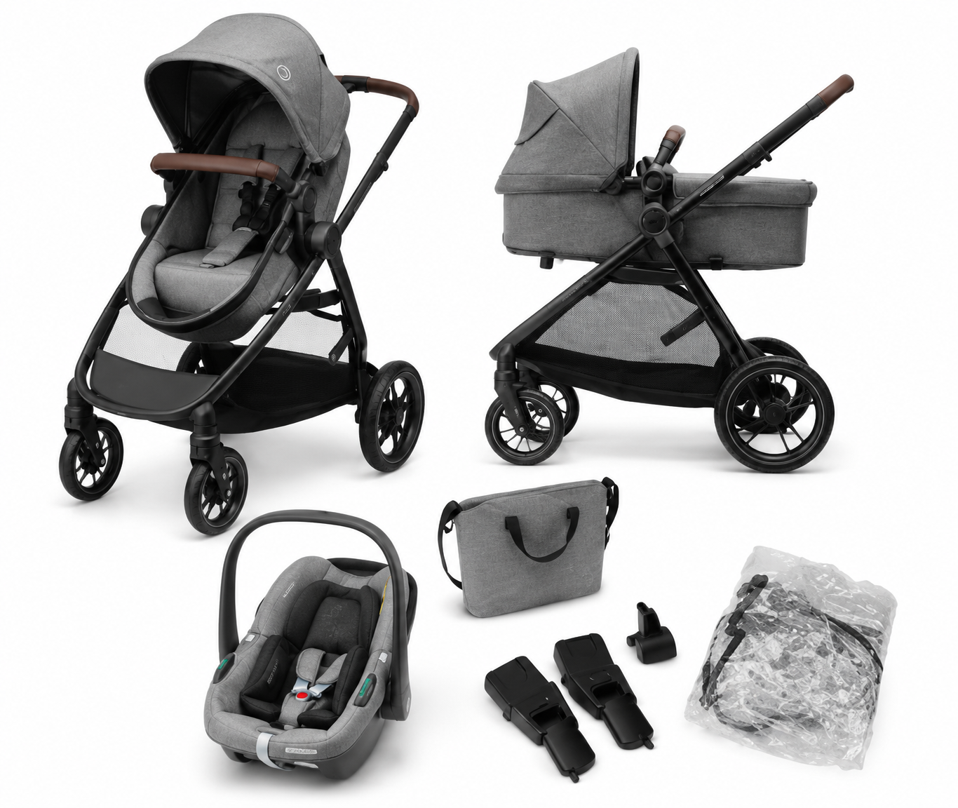 Maxi-Cosi Zelia S Trio Kinderwagen 3 in 1 Komplettset, 0-4 Jahre, bis 22 kg, Zusammenklappbar, Kompakt, Verstellbarer Baby Kinderwagen, mit CabrioFix S i-Size Babyschale, Zubehör, Wickeltasche, Grau