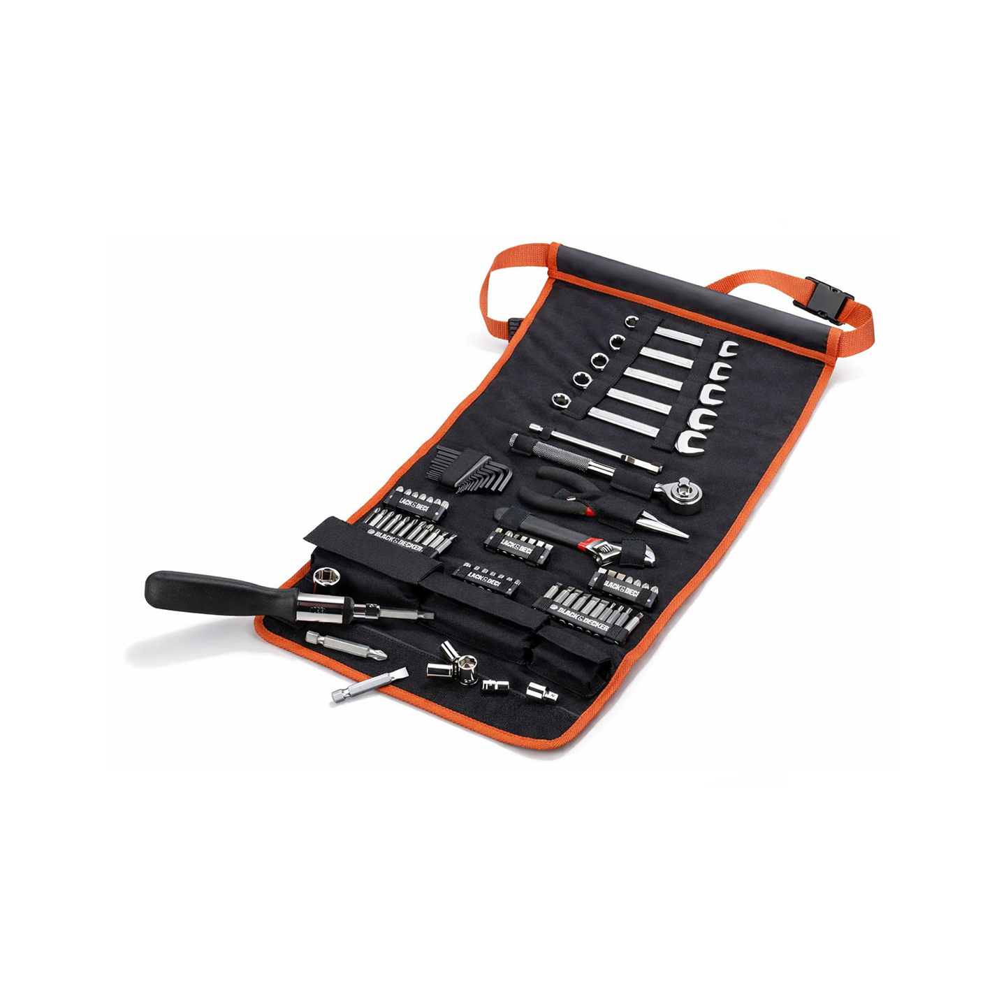 BLACK+DECKER Auto Zubehör-Set 77-teilig mit Drehmomentschlüsseln fürs Auto, Schraubendreher-Set Bit-Set für Auto Kfz Werkzeug-Set in einer Rolltasche mit Autowerkzeug-Zubehör - A7063