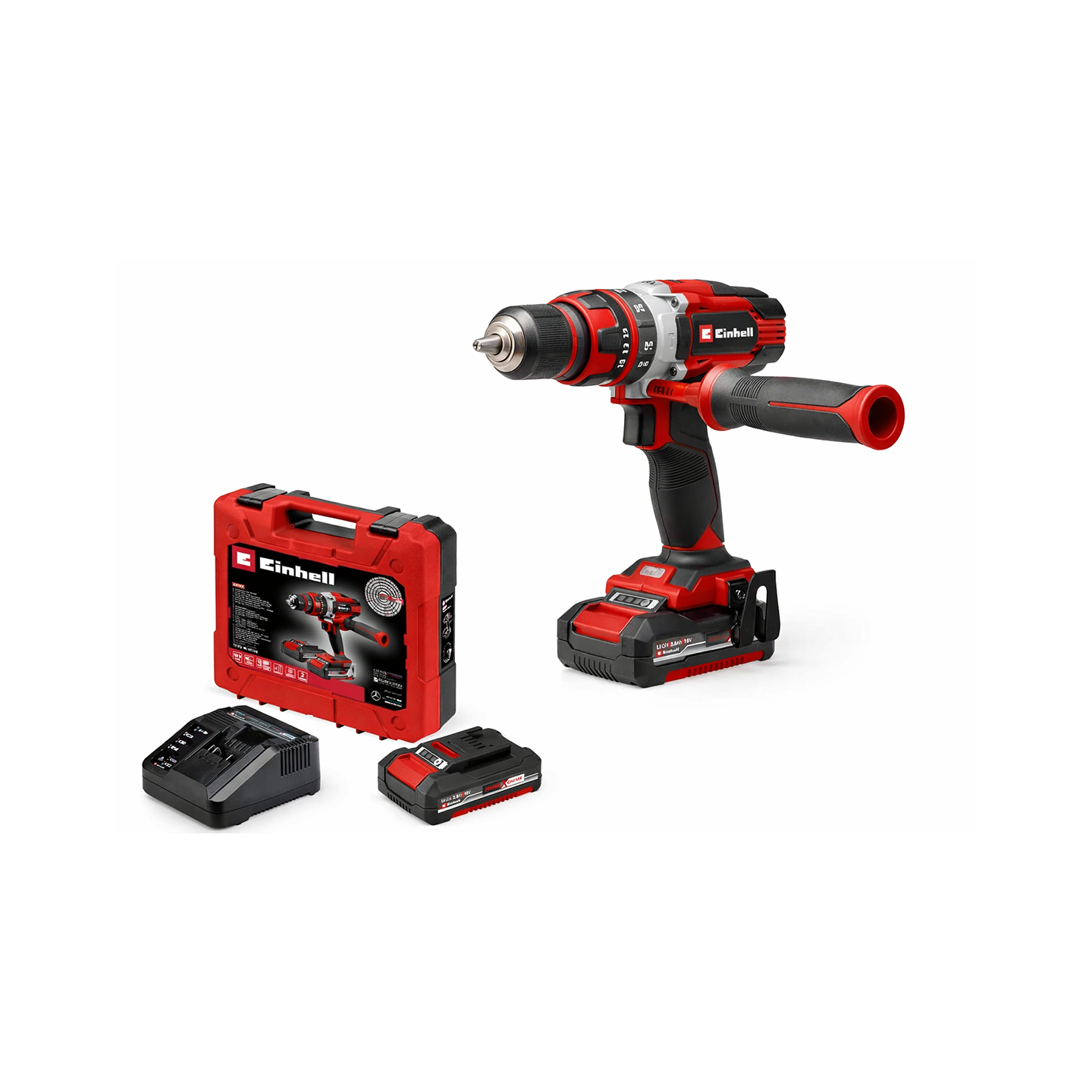 Einhell Akku-Schlagbohrschrauber TE-CD 18/48 Li-i Kit Power X-Change (18 V, 48 Nm, Schlagbohrfunktion, 13 mm Bohrfutter, 2 Gang, Koffer, inkl. 2x 2,0 Ah Akkus + Ladegerät)