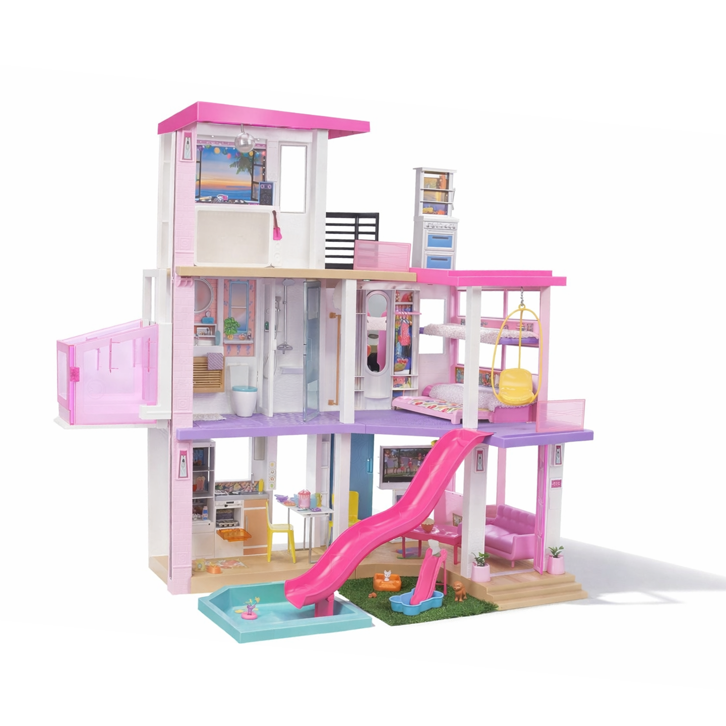 Barbie Dream House (114 cm), 3-stöckiges Puppenhaus mit Pool, Rutsche, Rollstuhllift, 75+ Zubehörteile, ohne Puppen, als Geschenk für Kinder ab 3 Jahren geeignet, GRG93