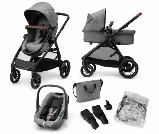 Maxi-Cosi Zelia S Trio Kinderwagen 3 in 1 Komplettset, 0-4 Jahre, bis 22 kg, Zusammenklappbar, Kompakt, Verstellbarer Baby Kinderwagen, mit CabrioFix S i-Size Babyschale, Zubehör, Wickeltasche, Grau