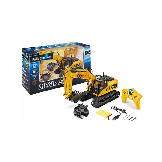 Revell Control 24924 RC Raupenbagger Digger 2.0, Kettenantrieb, wechselbare Schaufel und Baumgreifer, Outdoor-tauglich, Akku Ferngesteuerter Bagger, 2.4 GHz, gelb