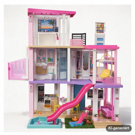 Barbie Dream House (114 cm), 3-stöckiges Puppenhaus mit Pool, Rutsche, Rollstuhllift, 75+ Zubehörteile, ohne Puppen, als